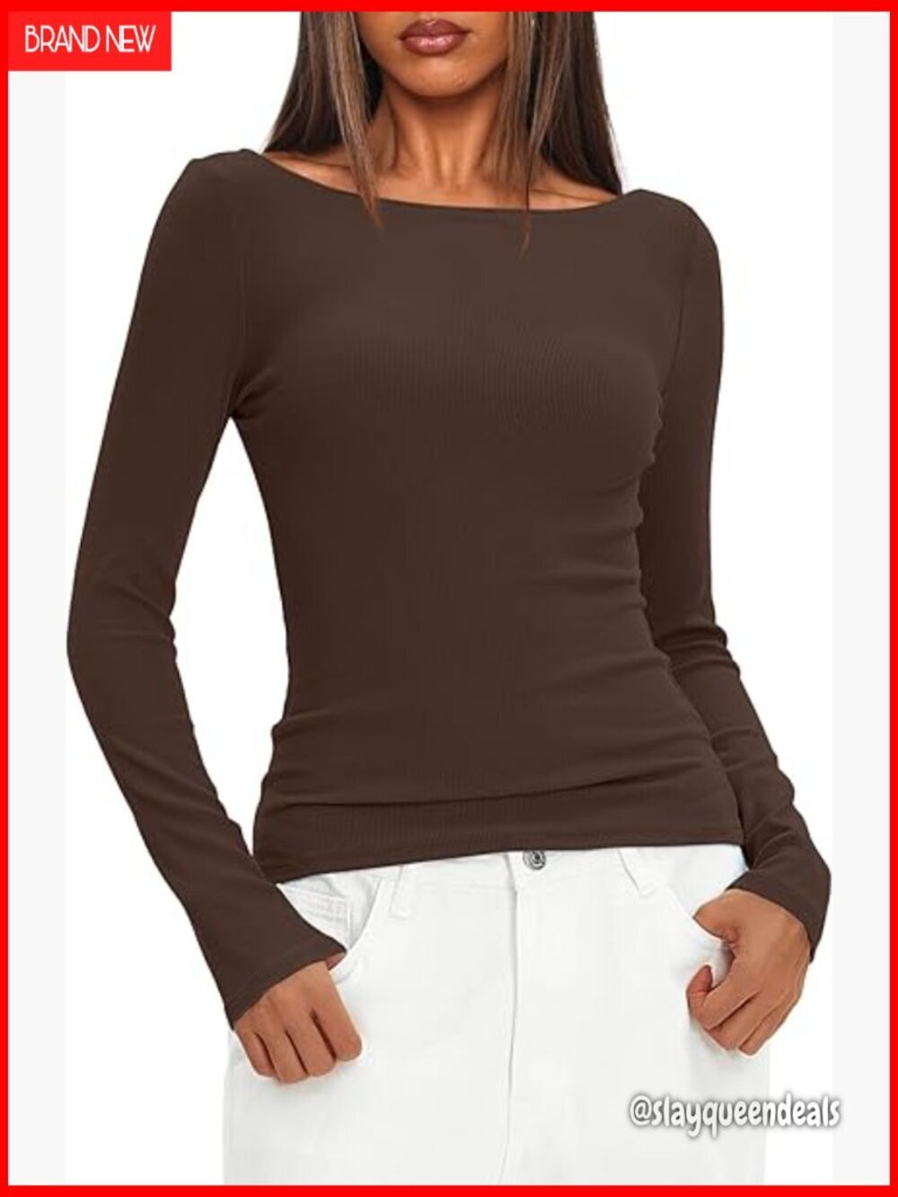 Long Sleeve Boat Neck Ribbed Knit Top Backless Slim Fit Tee